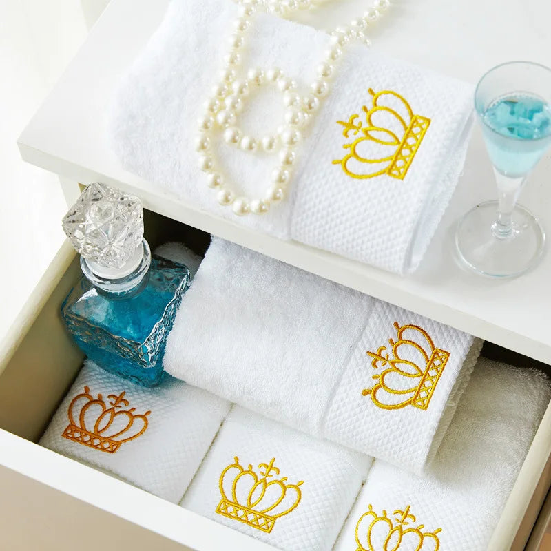 Embroidered Crown White Bath Towel Set.
