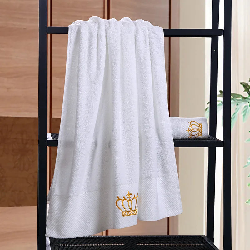 Embroidered Crown White Bath Towel Set.