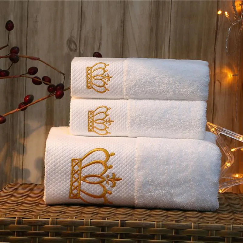 Embroidered Crown White Bath Towel Set.